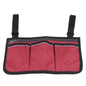 Armrest organizer bag, red with black trim and three front pockets