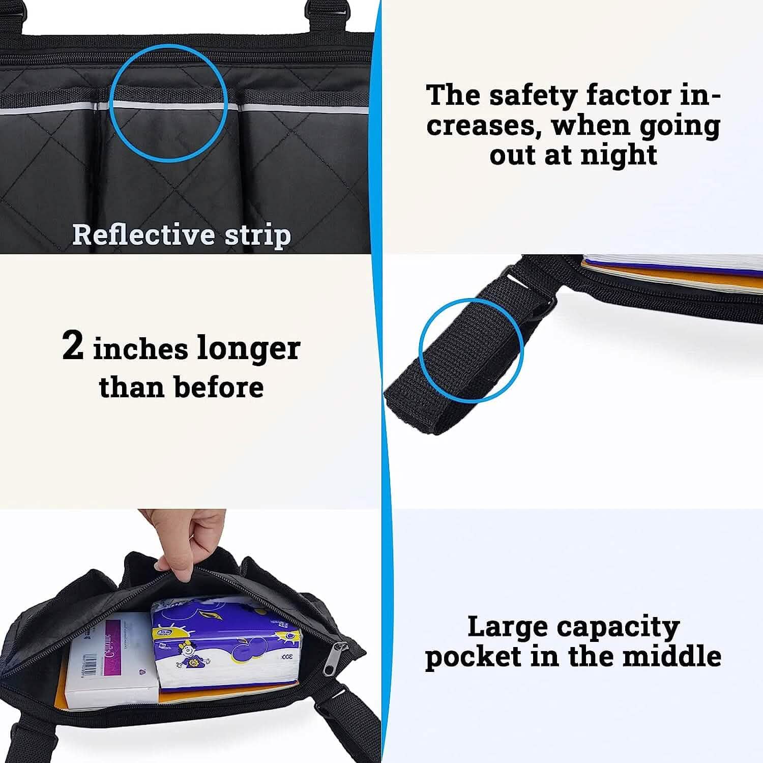 Black wheelchair armrest organizer bag with reflective strip details and adjustable strap.