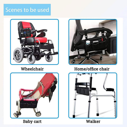 Wheelchair armrest organizer bag attached to a chair for quick storage access.