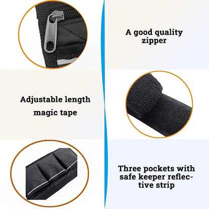 Black wheelchair armrest organizer bag with adjustable strap tape and top zipper.