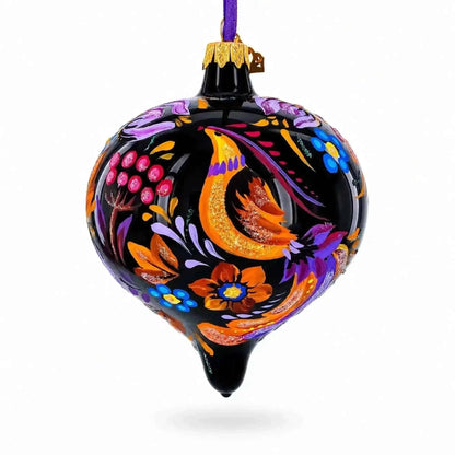 Whimsical Floral and Bird Black Onion-Shape Finial Glass Christmas Ornament