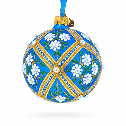 White Flowers on Blue Glass Ball Christmas Ornament 3.25 Inches Cartsfy Inc.