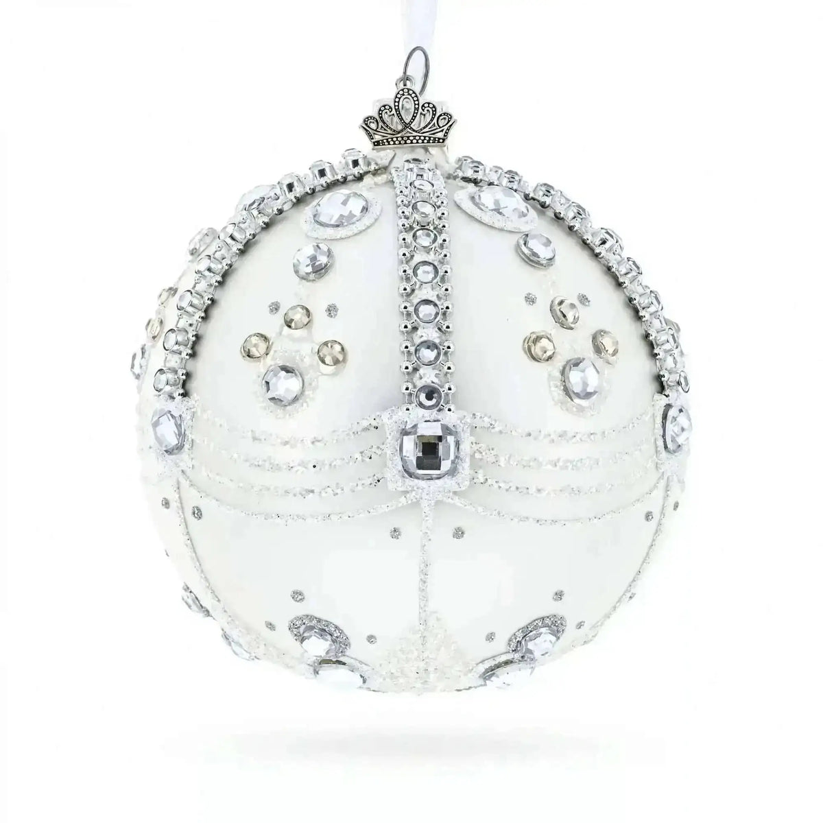 White Jewels on Silver Glass Ball Christmas Ornament 4 Inches Cartsfy Inc.