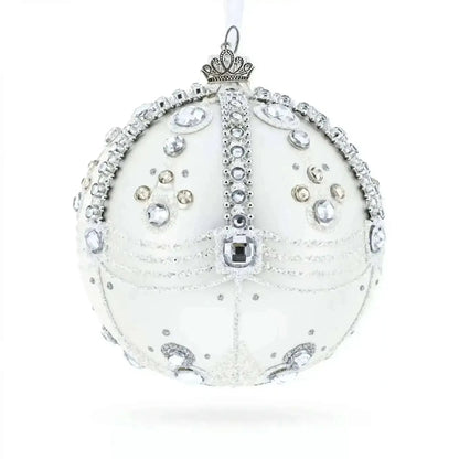 White Jewels on Silver Glass Ball Christmas Ornament 4 Inches Cartsfy Inc.