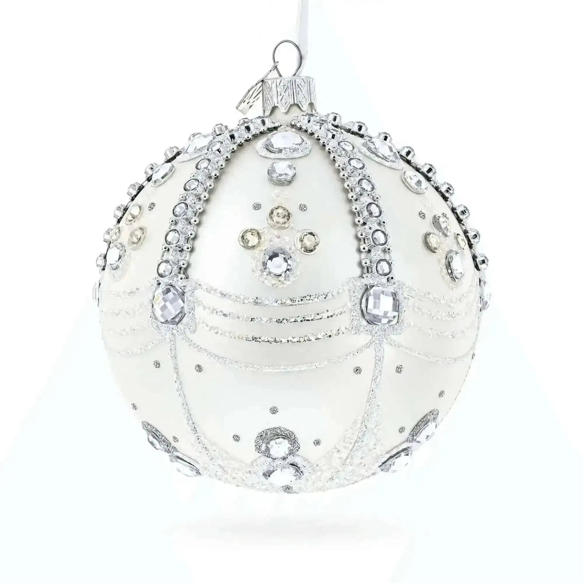 White Jewels on Silver Glass Ball Christmas Ornament 4 Inches Cartsfy Inc.
