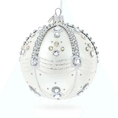 White Jewels on Silver Glass Ball Christmas Ornament 4 Inches Cartsfy Inc.