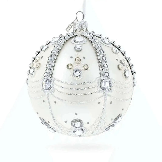 White Jewels on Silver Glass Ball Christmas Ornament 4 Inches Cartsfy Inc.