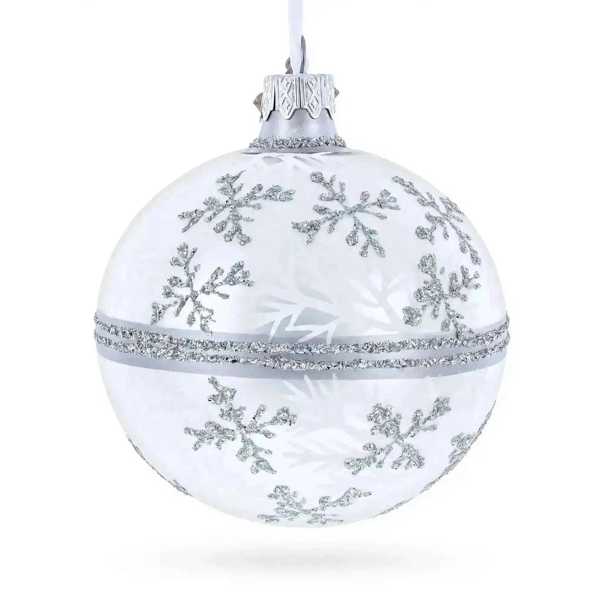 White Winter Glitter Snowflake Design Glass Ball Christmas Ornament 3.25 Inches