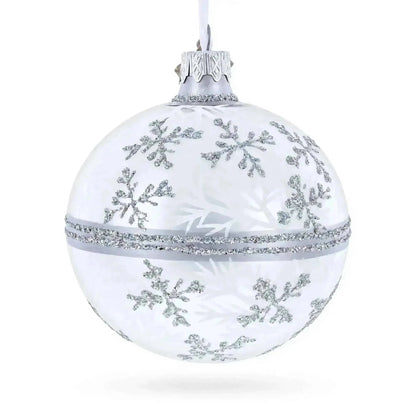 White Winter Glitter Snowflake Design Glass Ball Christmas Ornament 3.25 Inches
