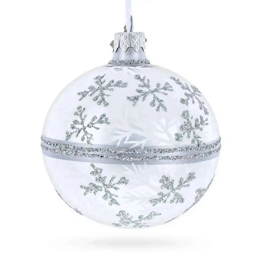 White Winter Glitter Snowflake Design Glass Ball Christmas Ornament 3.25 Inches