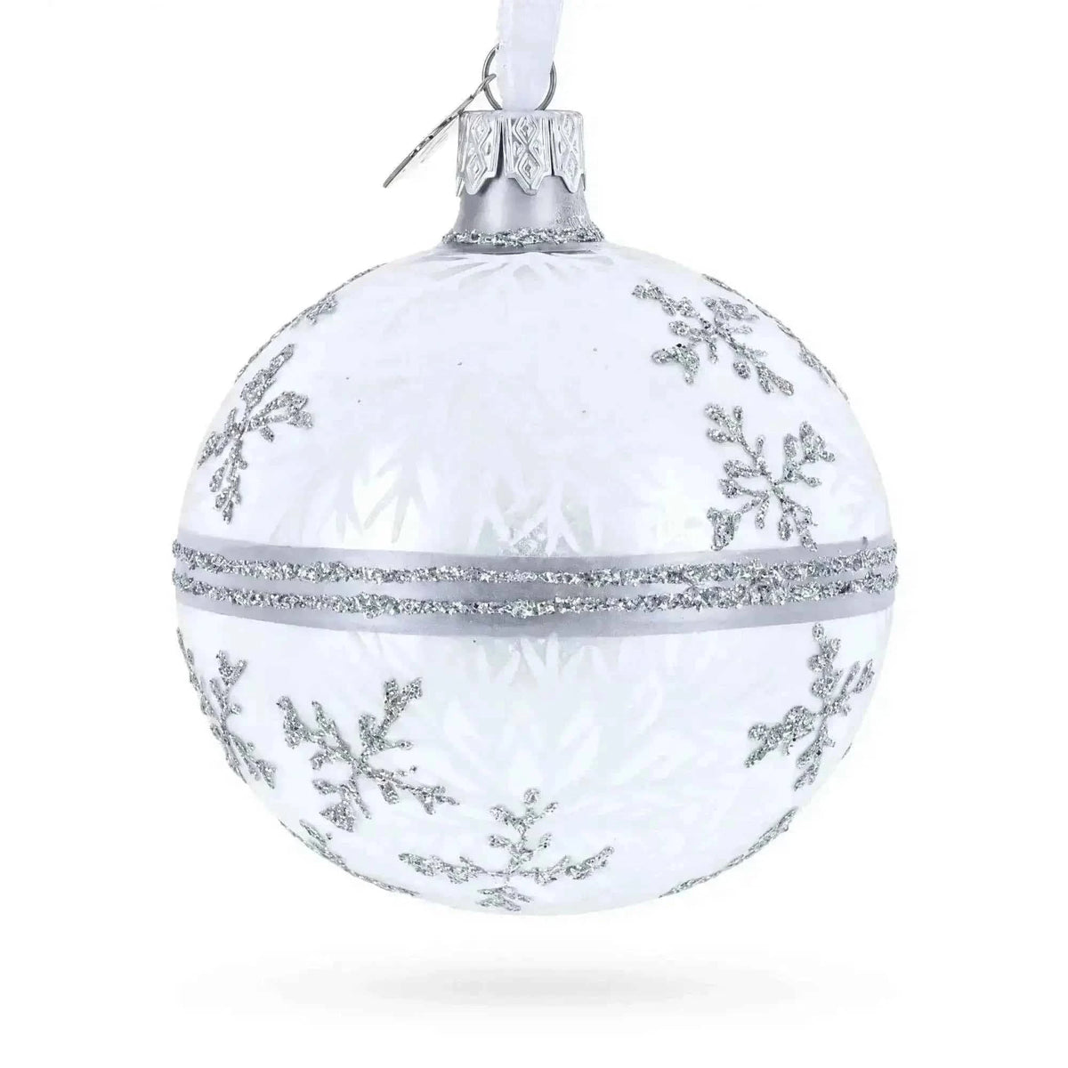White Winter Glitter Snowflake Design Glass Ball Christmas Ornament 3.25 Inches