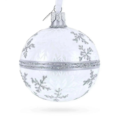 White Winter Glitter Snowflake Design Glass Ball Christmas Ornament 3.25 Inches