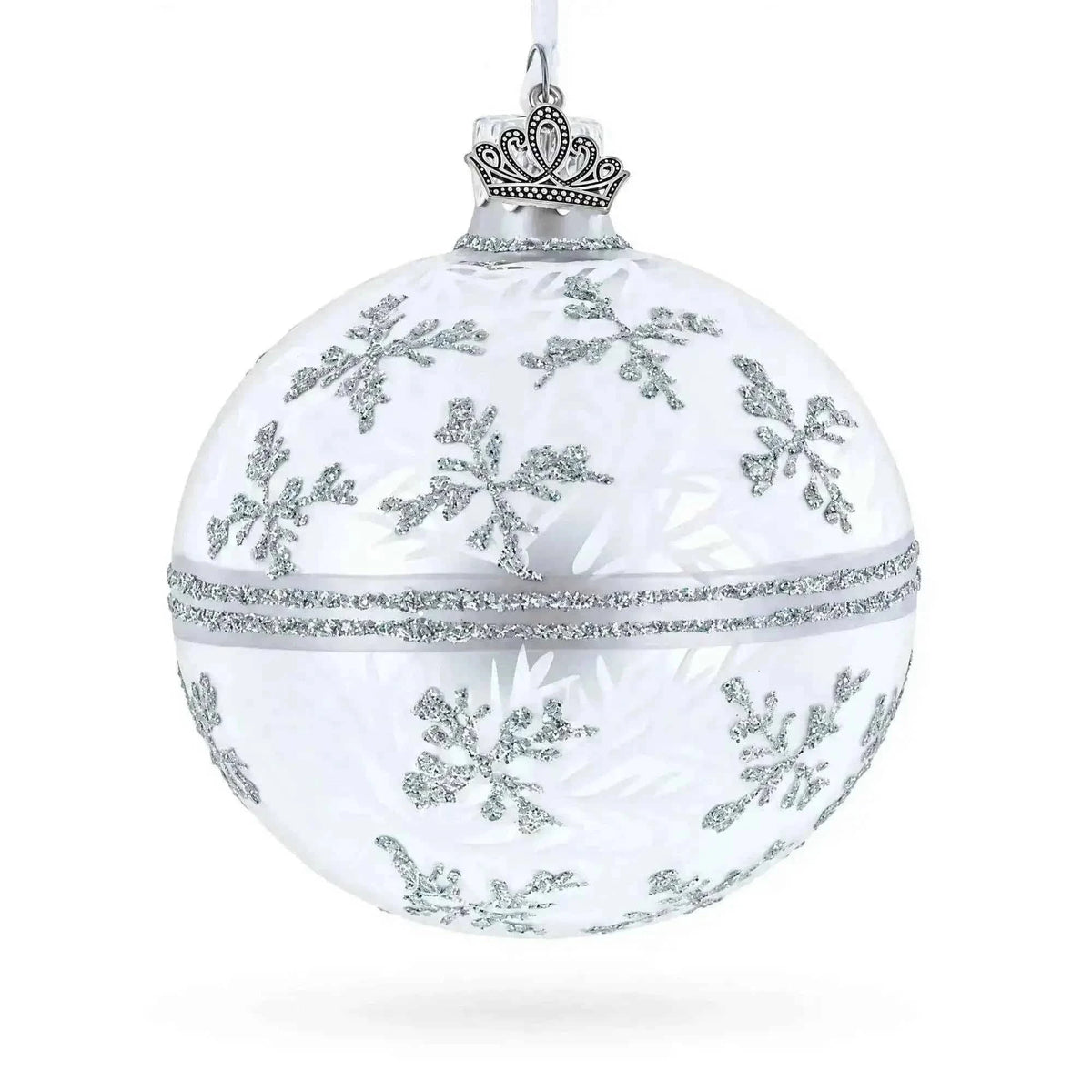 White Winter Glitter Snowflake Design Glass Ball Christmas Ornament 3.25 Inches