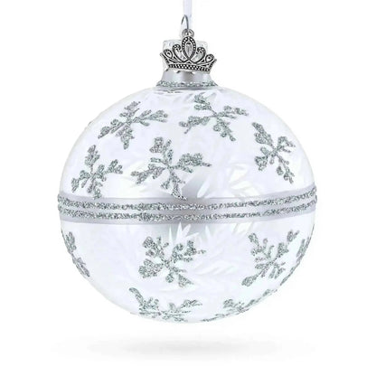 White Winter Glitter Snowflake Design Glass Ball Christmas Ornament 3.25 Inches