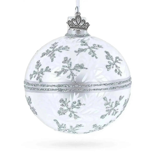 White Winter Glitter Snowflake Design Glass Ball Christmas Ornament 3.25 Inches