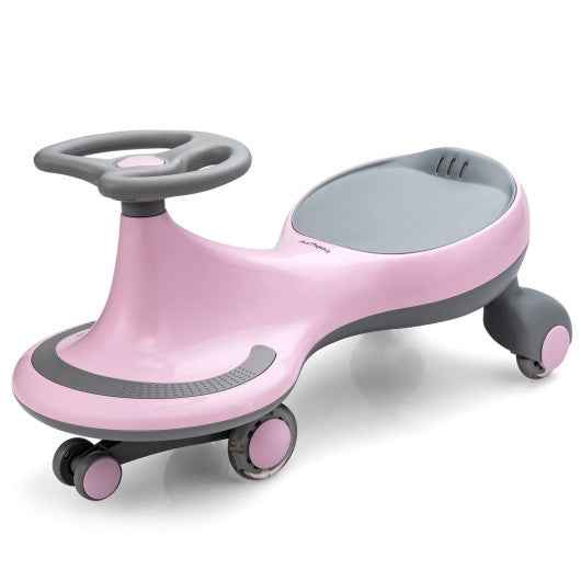 Pink ride-on wiggle car toy with gray steering wheel and three caster wheels