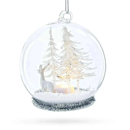 Winter Forest Snow Globe with White Deer Glass Christmas Ornament