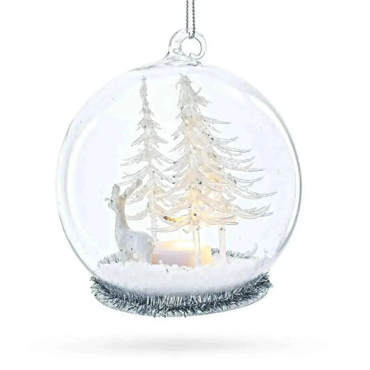 Winter Forest Snow Globe with White Deer Glass Christmas Ornament