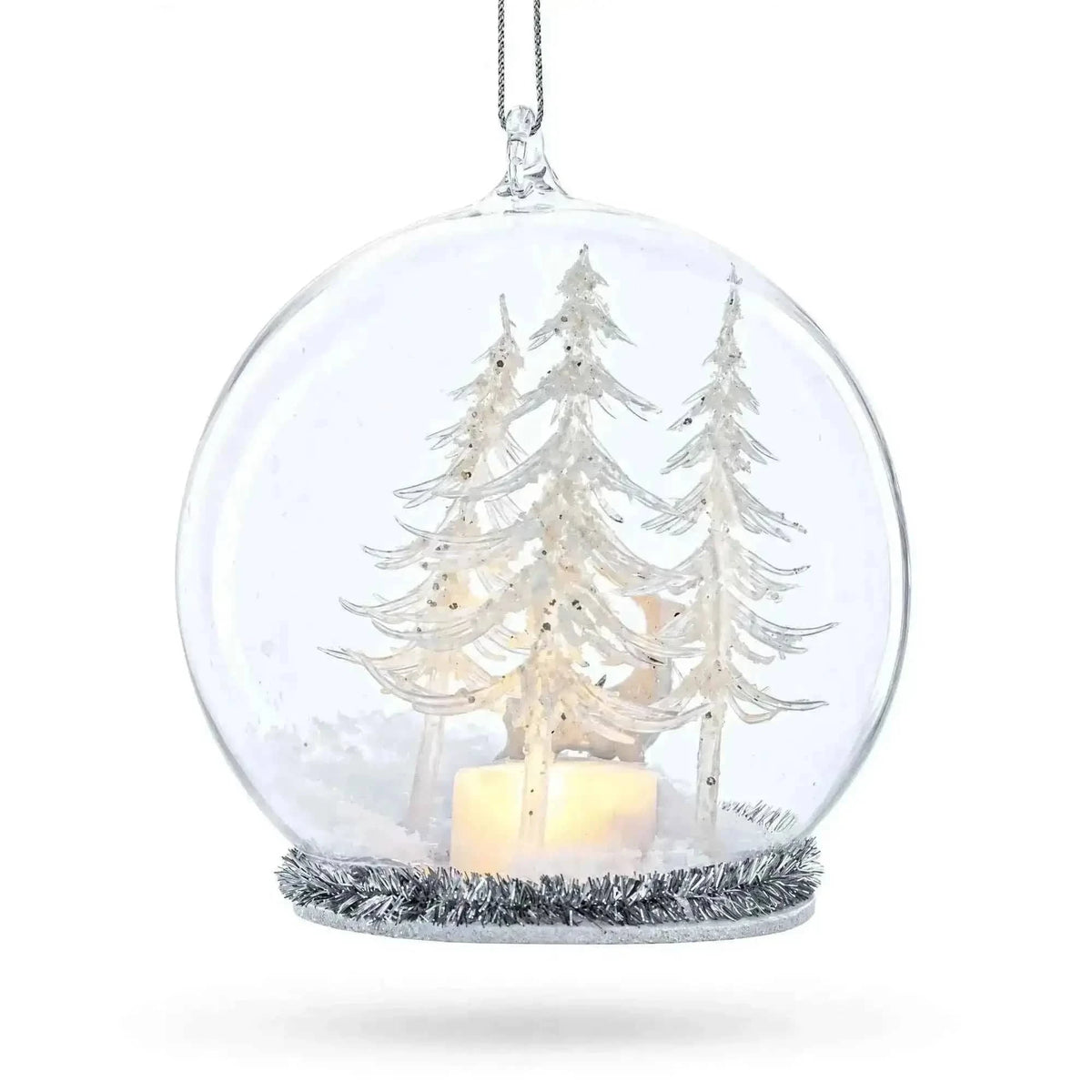 Winter Forest Snow Globe with White Deer Glass Christmas Ornament