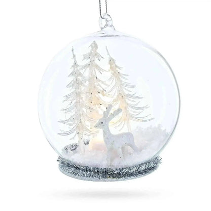 Winter Forest Snow Globe with White Deer Glass Christmas Ornament