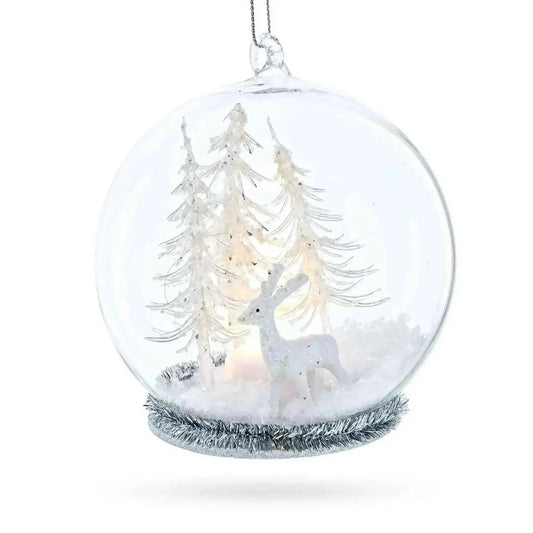 Winter Forest Snow Globe with White Deer Glass Christmas Ornament