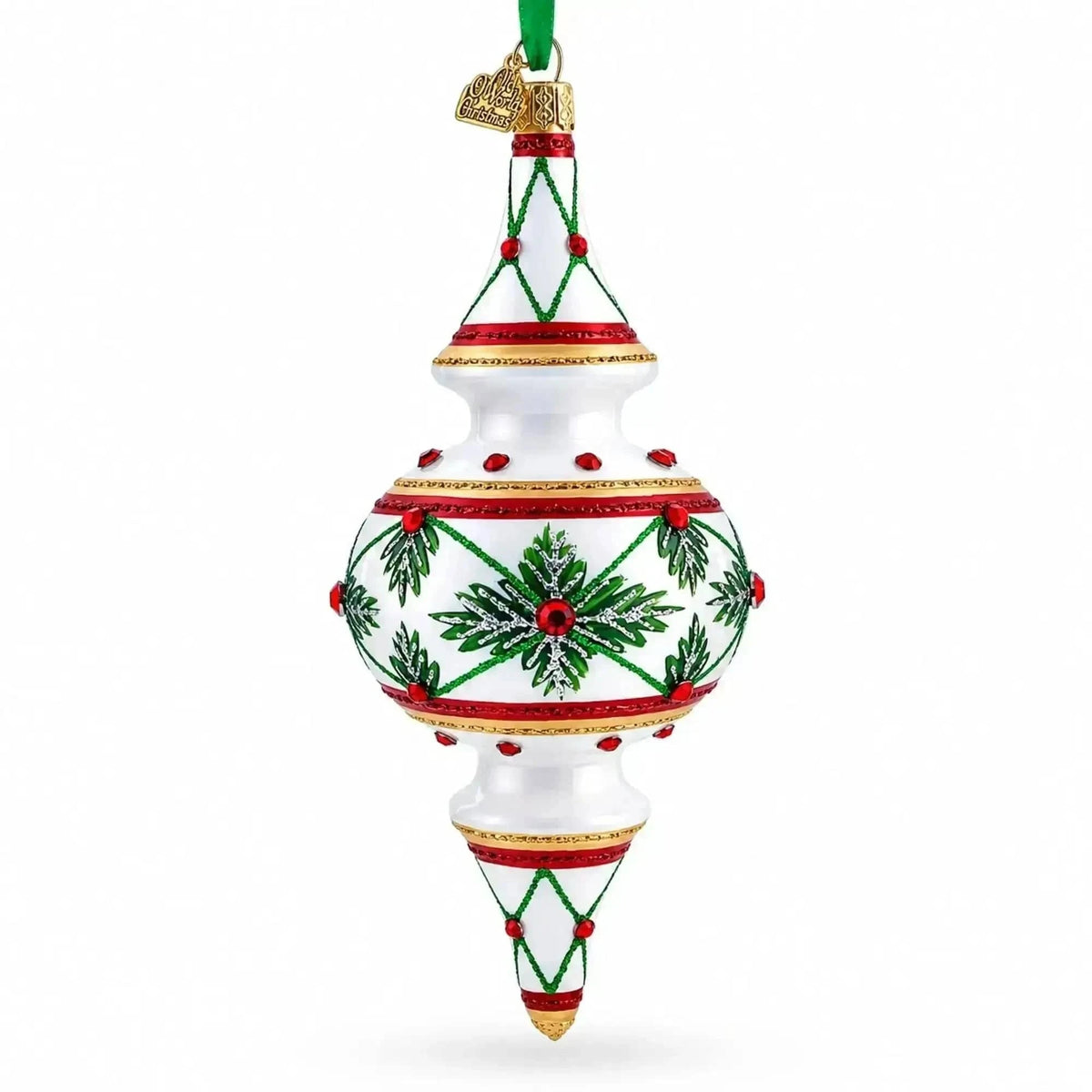 Winter Lattice & Holly Star Jeweled Double-Ended Finial Drop Glass Christmas Ornament Cartsfy Inc.