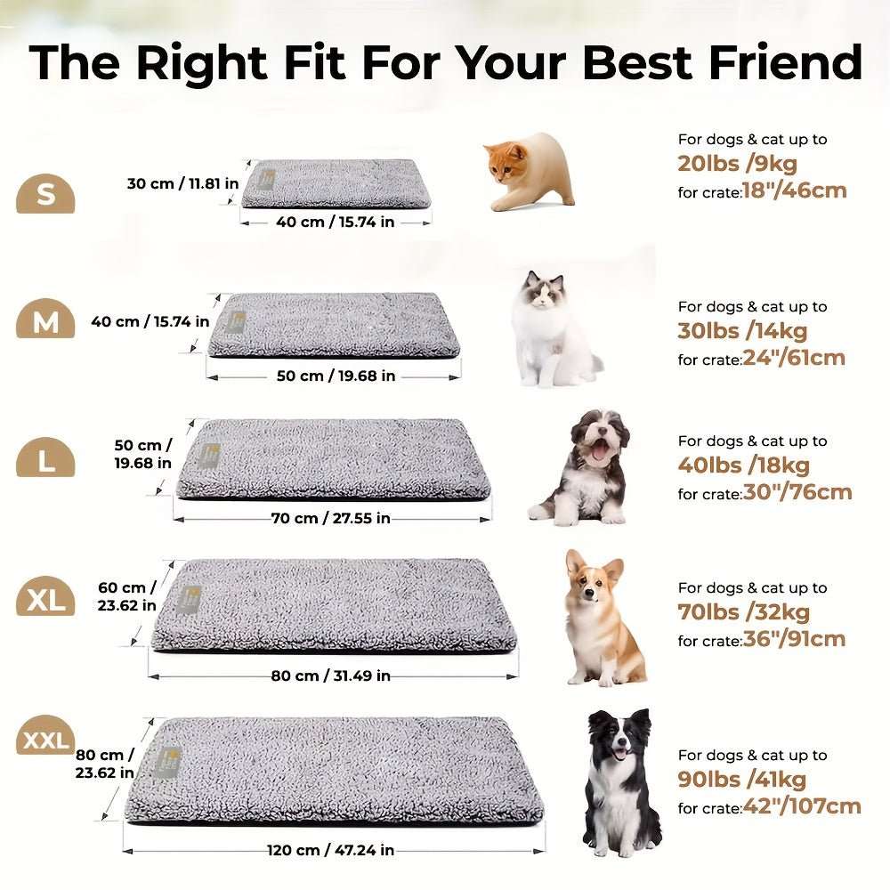 Gray pet mattress size chart with S–XXL measurements and weight ranges