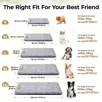 Gray pet mattress size chart with S–XXL measurements and weight ranges