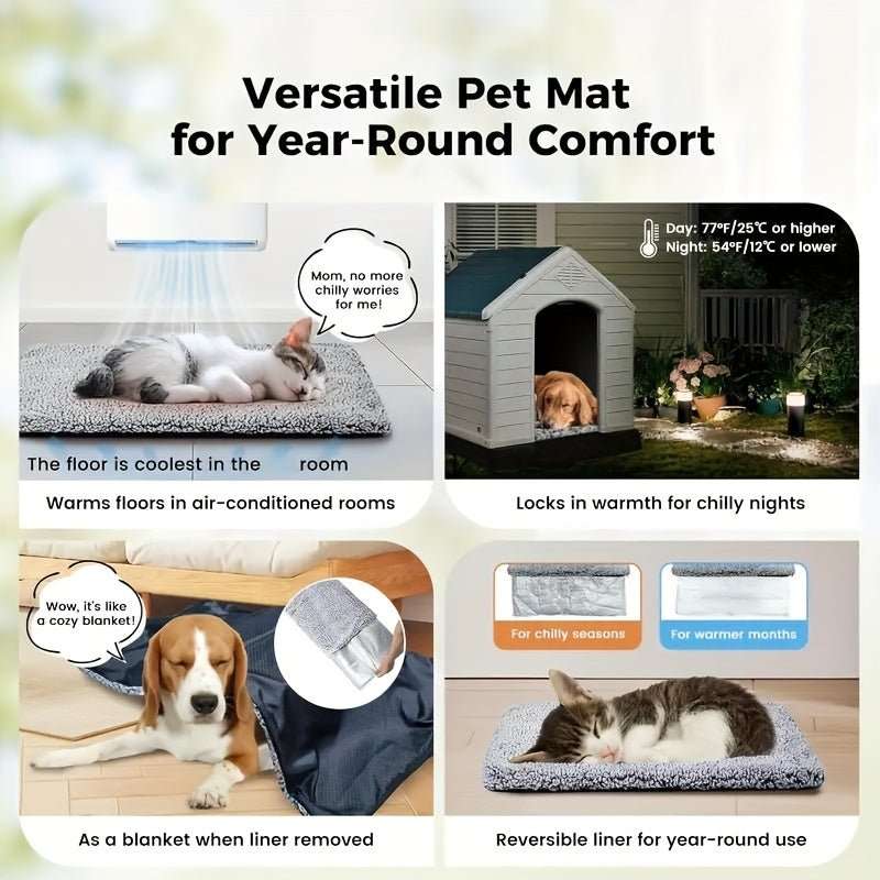 Grey plush pet mat shown in use with sleeping dog and cat