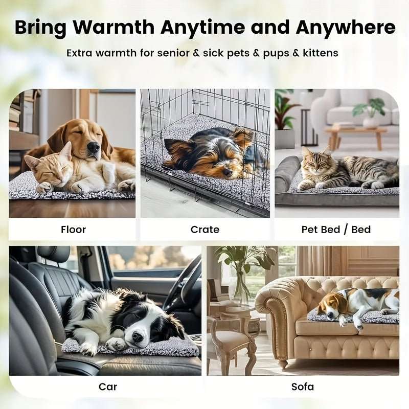 Grey plush pet mat shown used on floor, crate, car, sofa, and pet bed