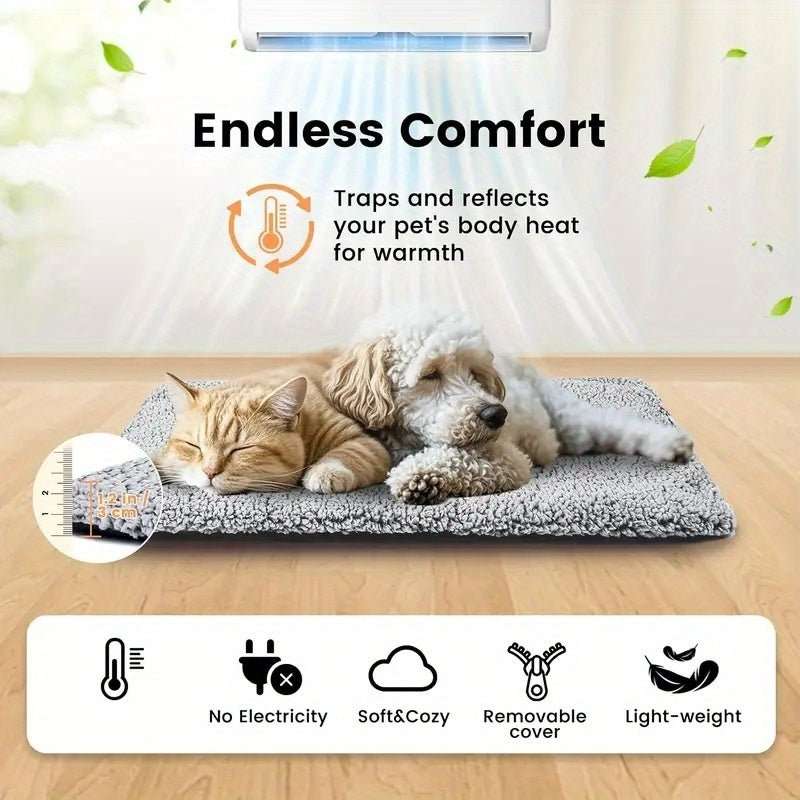 Gray pet mattress with cozy padded surface, two dogs lying on it