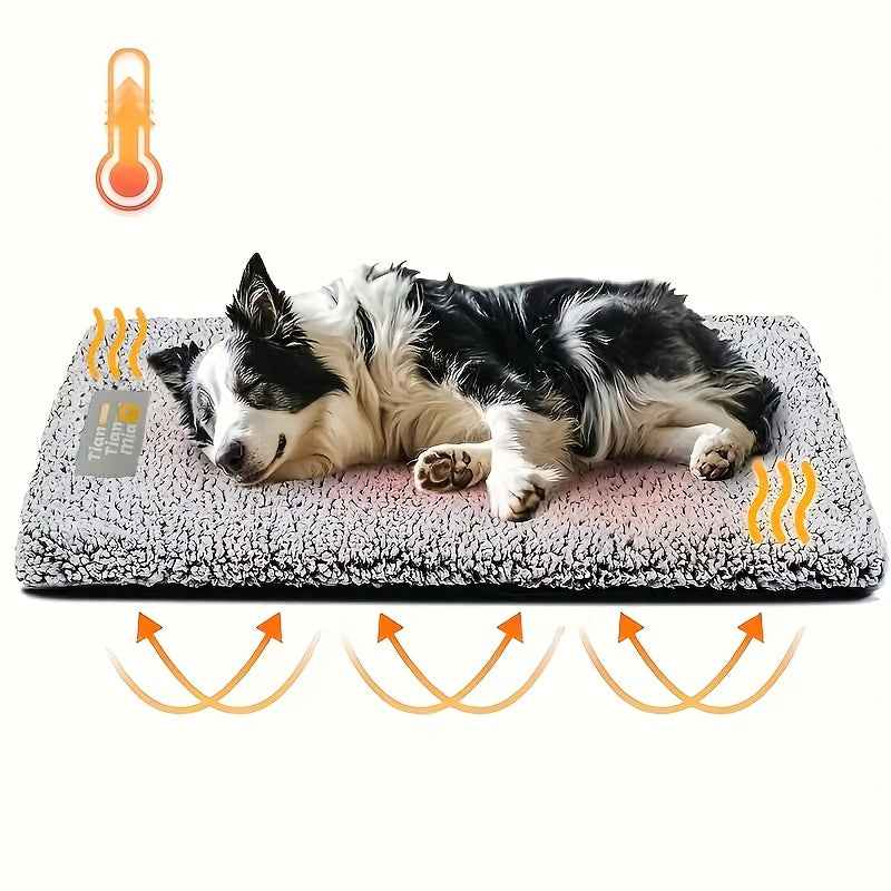 Grey plush pet mattress with non-slip backing, two dogs resting on top