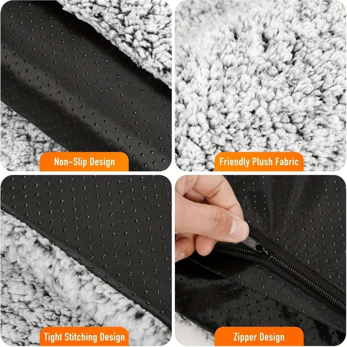 Black non-slip backing with dot pattern and fluffy white plush edge