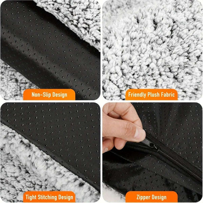 Black non-slip backing with dot pattern and fluffy white plush edge