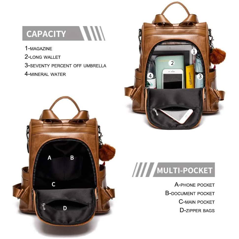 Women Backpack Purse PU Leather Anti - theft Casual Shoulder Bag - Cartsfy Inc.