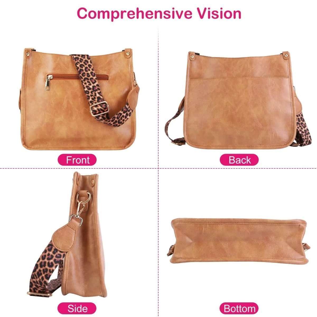 Tan crossbody bag front, back, side, and bottom views with leopard print strap