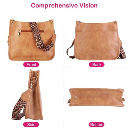 Tan crossbody bag front, back, side, and bottom views with leopard print strap