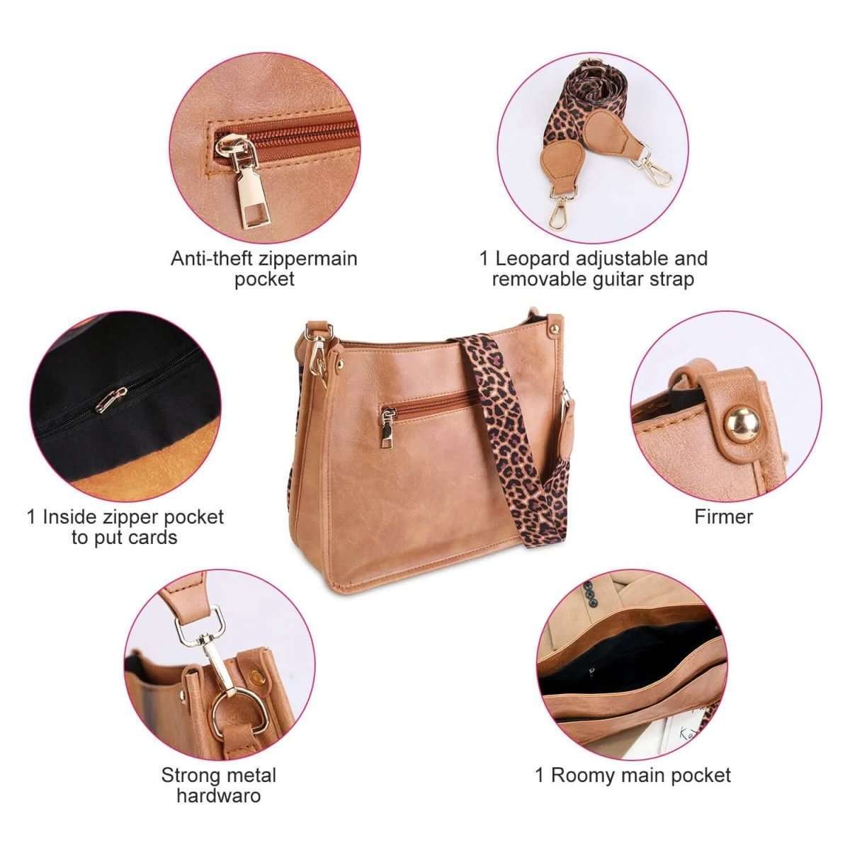 Tan crossbody bag with leopard adjustable strap and inside zipper pocket