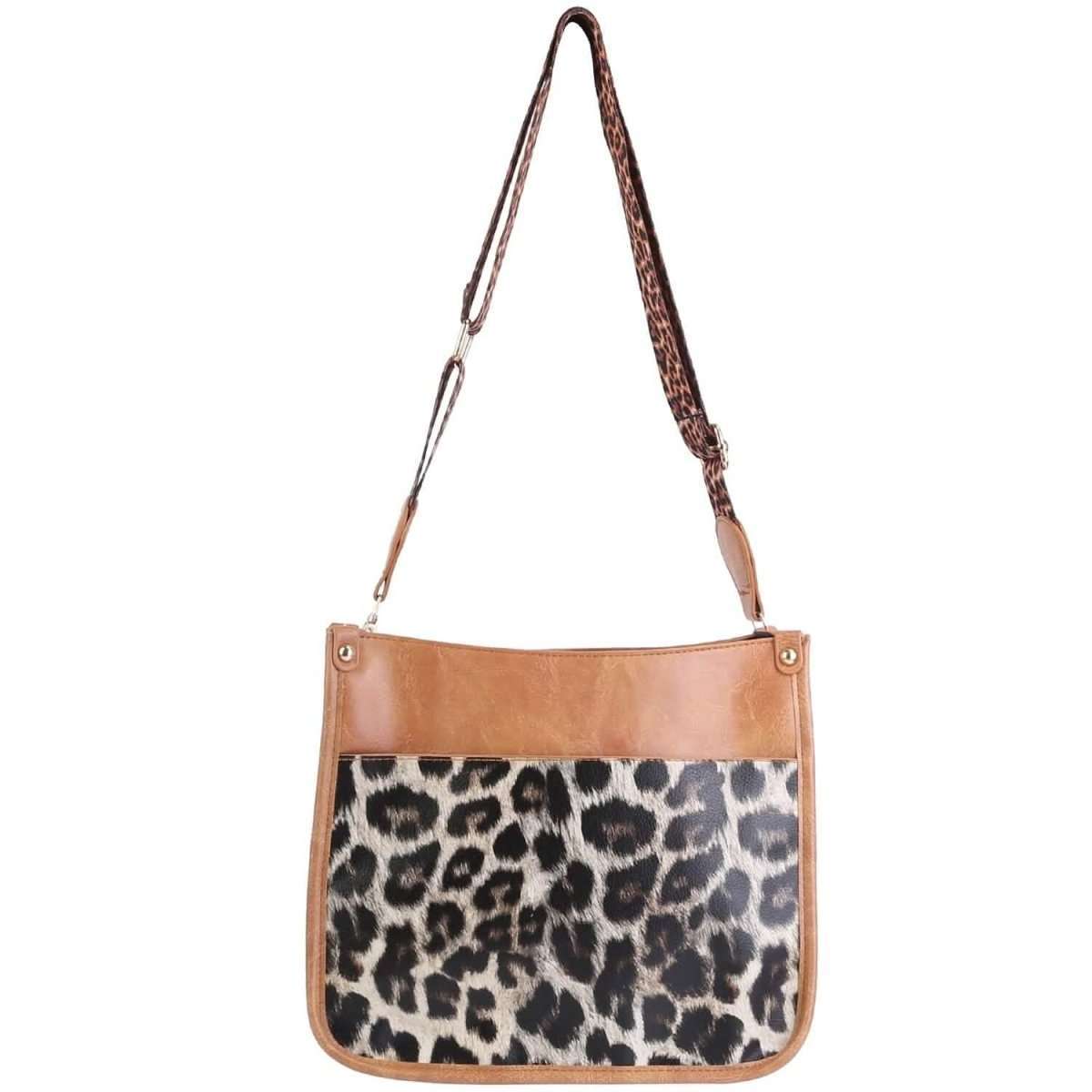 Leopard-print leather crossbody bag with tan sides and leopard shoulder strap