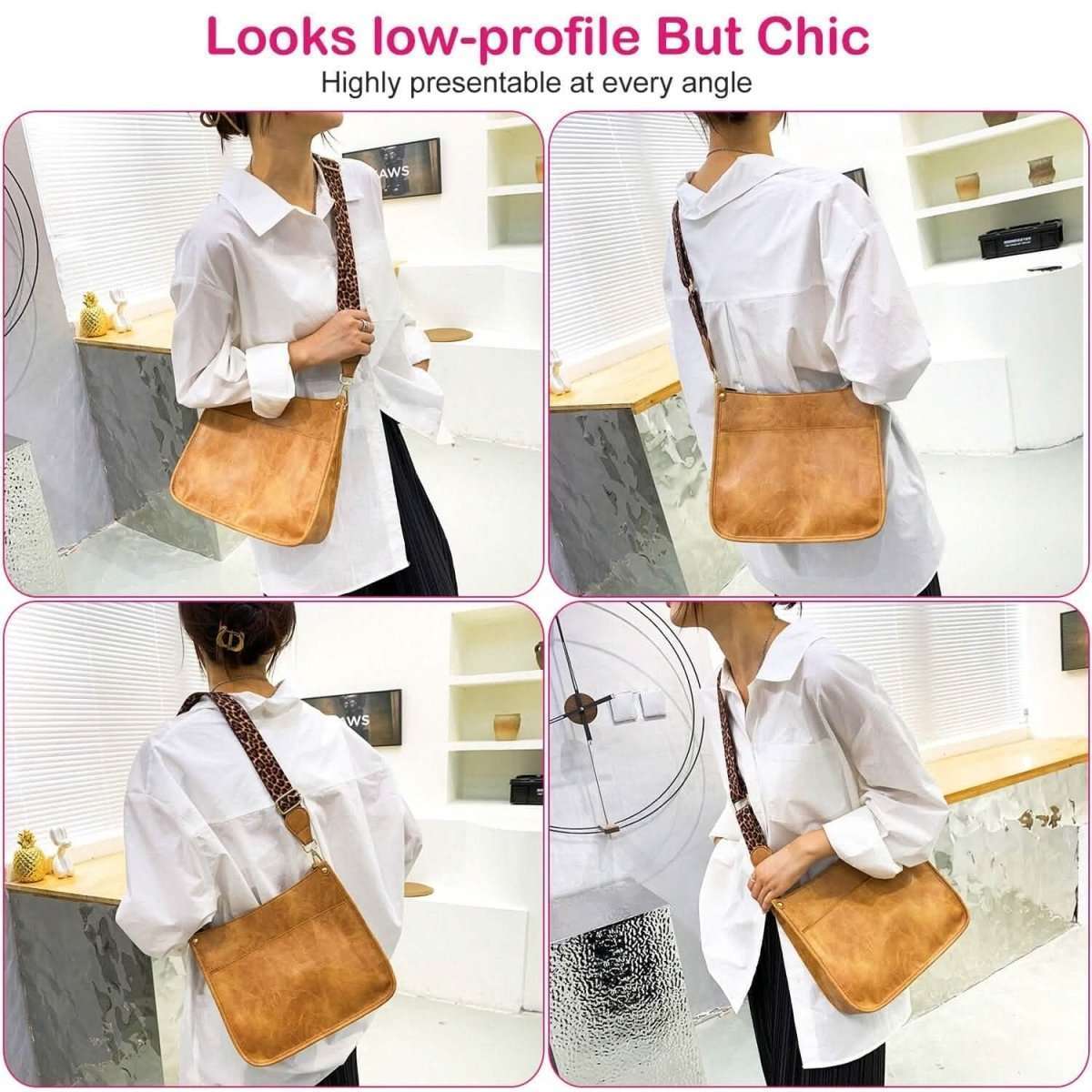 Tan crossbody bag worn crossbody with leopard print strap and front zipper pocket
