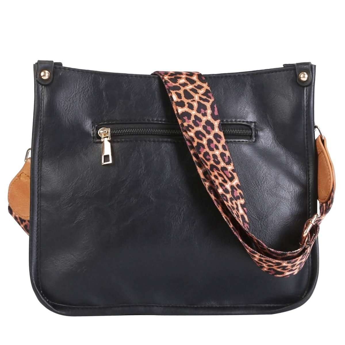 Black leather crossbody bag with leopard-print strap and front zip pocket