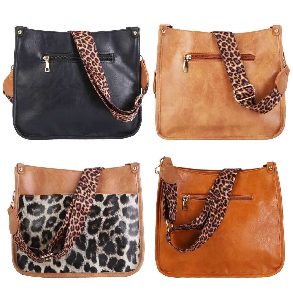 Leopard print crossbody bag with top zipper and adjustable strap hardware