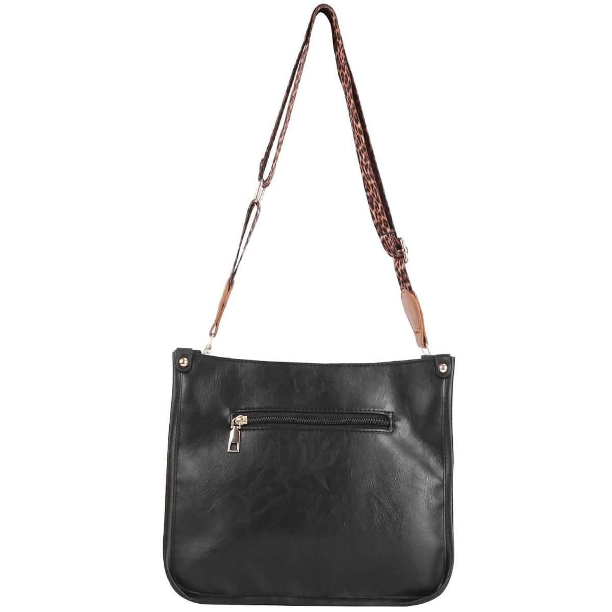 Black leather crossbody bag with front zipper pocket and adjustable shoulder strap