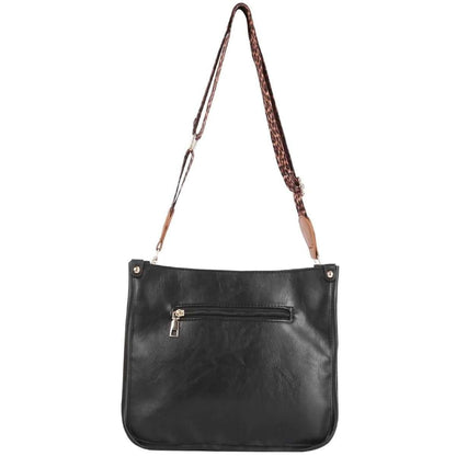 Black leather crossbody bag with front zipper pocket and adjustable shoulder strap