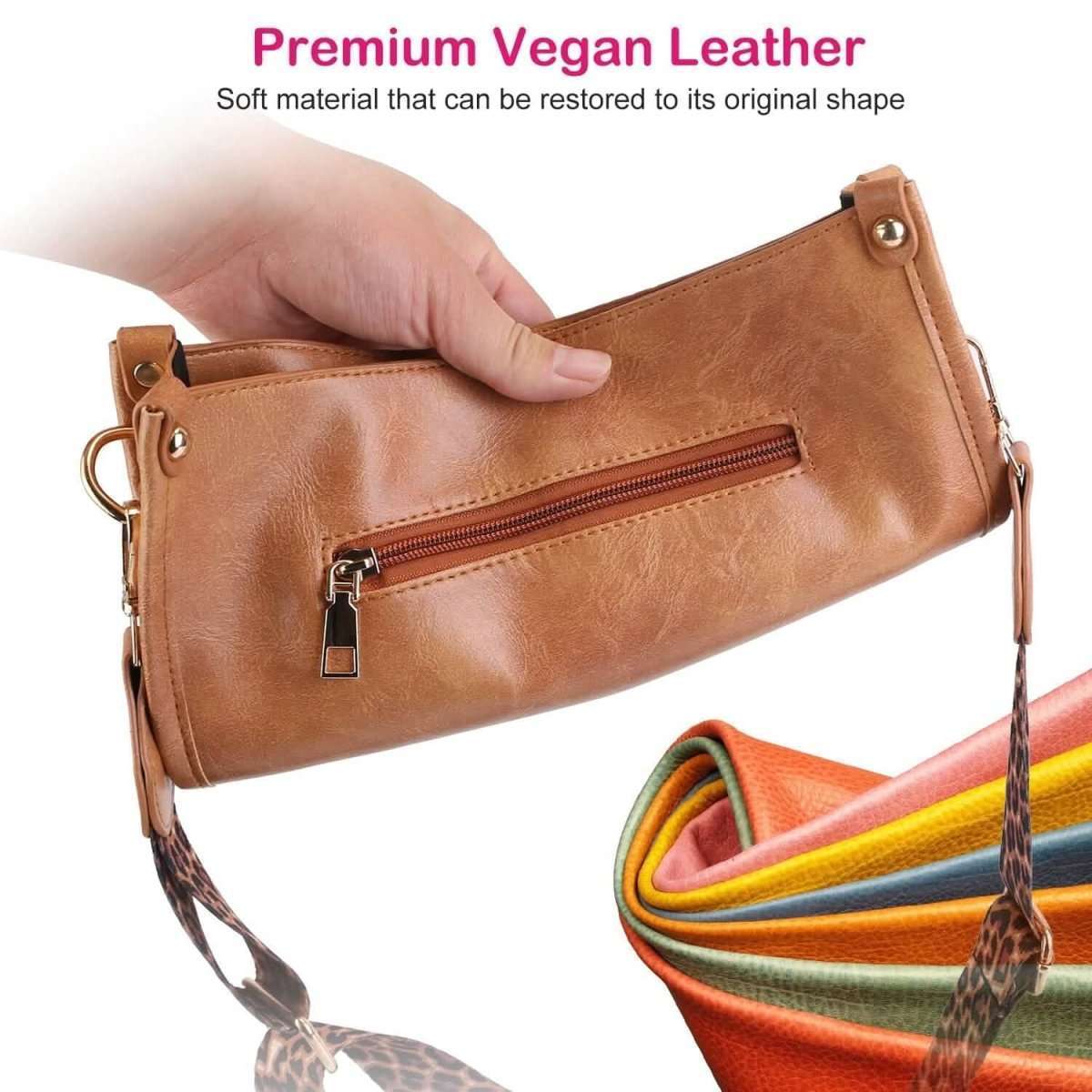 Tan vegan leather crossbody bag with front zipper pocket and leopard strap loop