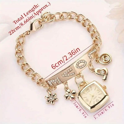 Gold tone charm bracelet with square watch face, heart and flower charms, crystal accents