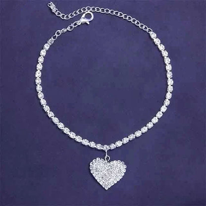 Rhinestone silver anklet with heart pendant and clasp