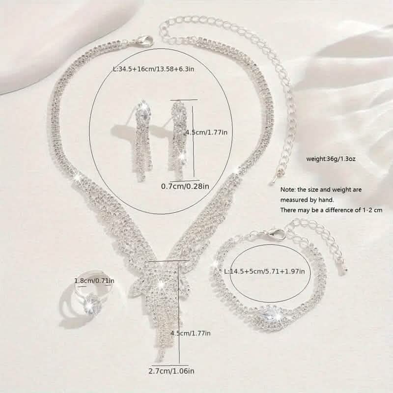 Rhinestone jewelry set with necklace, bracelet, earrings, and ring shown with size notes