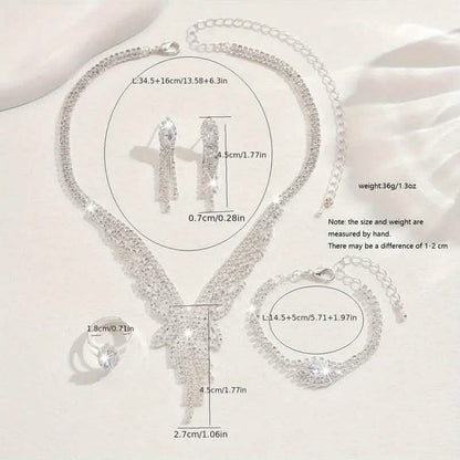Rhinestone jewelry set with necklace, bracelet, earrings, and ring shown with size notes
