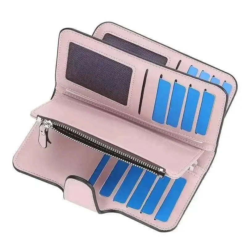 Pink wallet interior with card slots and ID window, zipper around top